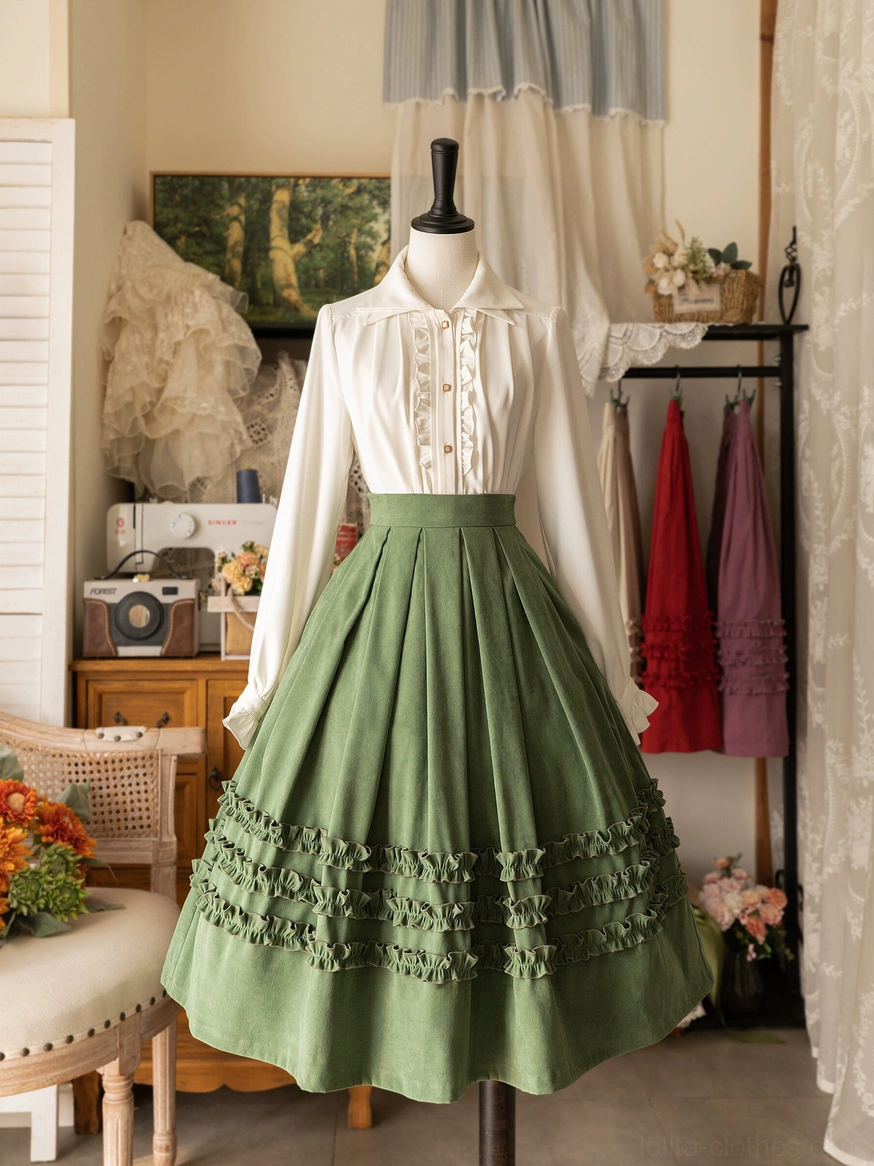 Cream lolita blouse coordinated with forest green ruffled hem midi skirt A-line vintage studio display