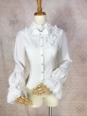 lolita blouse torso close-up pearl button placket lace stand collar detachable bow refined vintage fashion detail