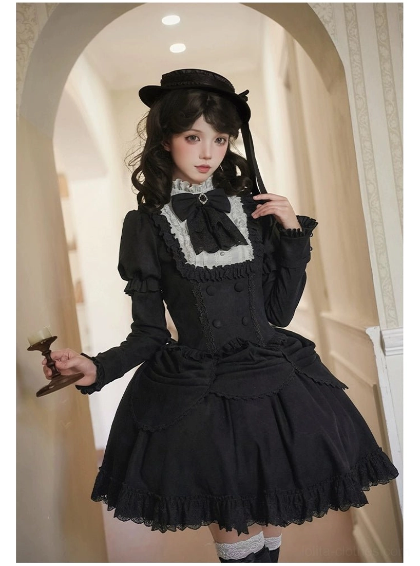 Front-facing detail of lolita blouse showing ruffled high collar, contrast white lace detailing, and structured bodice design on model