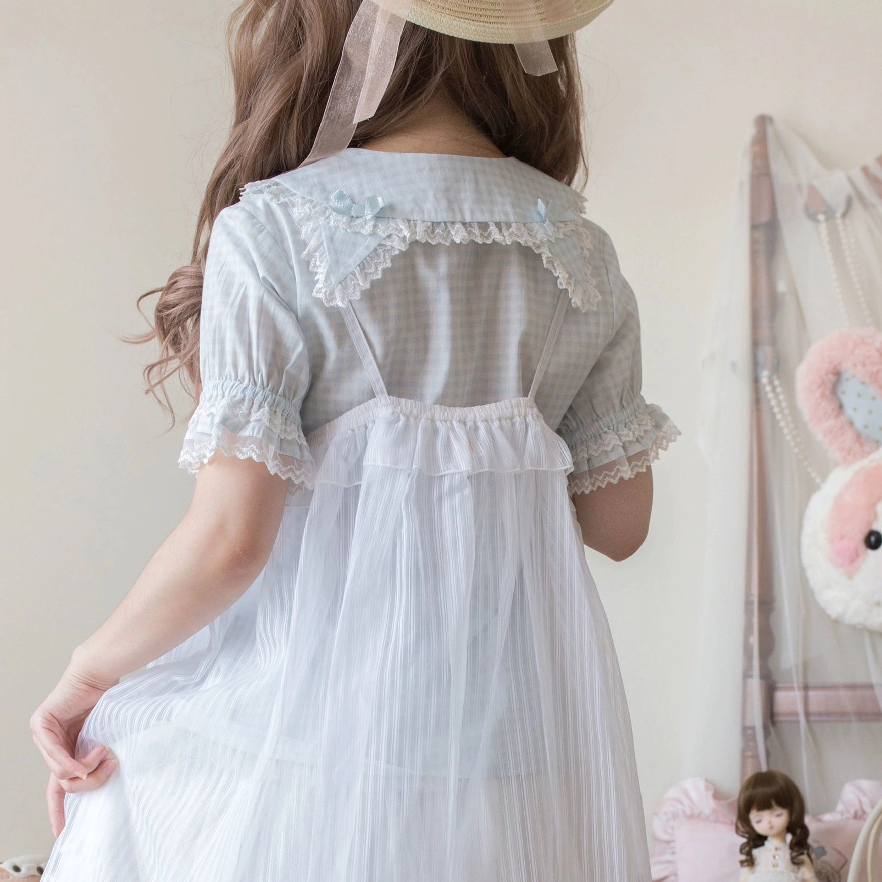Lolita blouse front view showing Peter Pan collar with cat ears, button placket and heart embroidery details