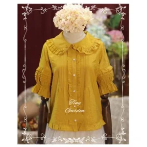 Ginger yellow Lolita short sleeve blouse with ruffled half sleeves front pintuck details Peter Pan collar vintage backdrop