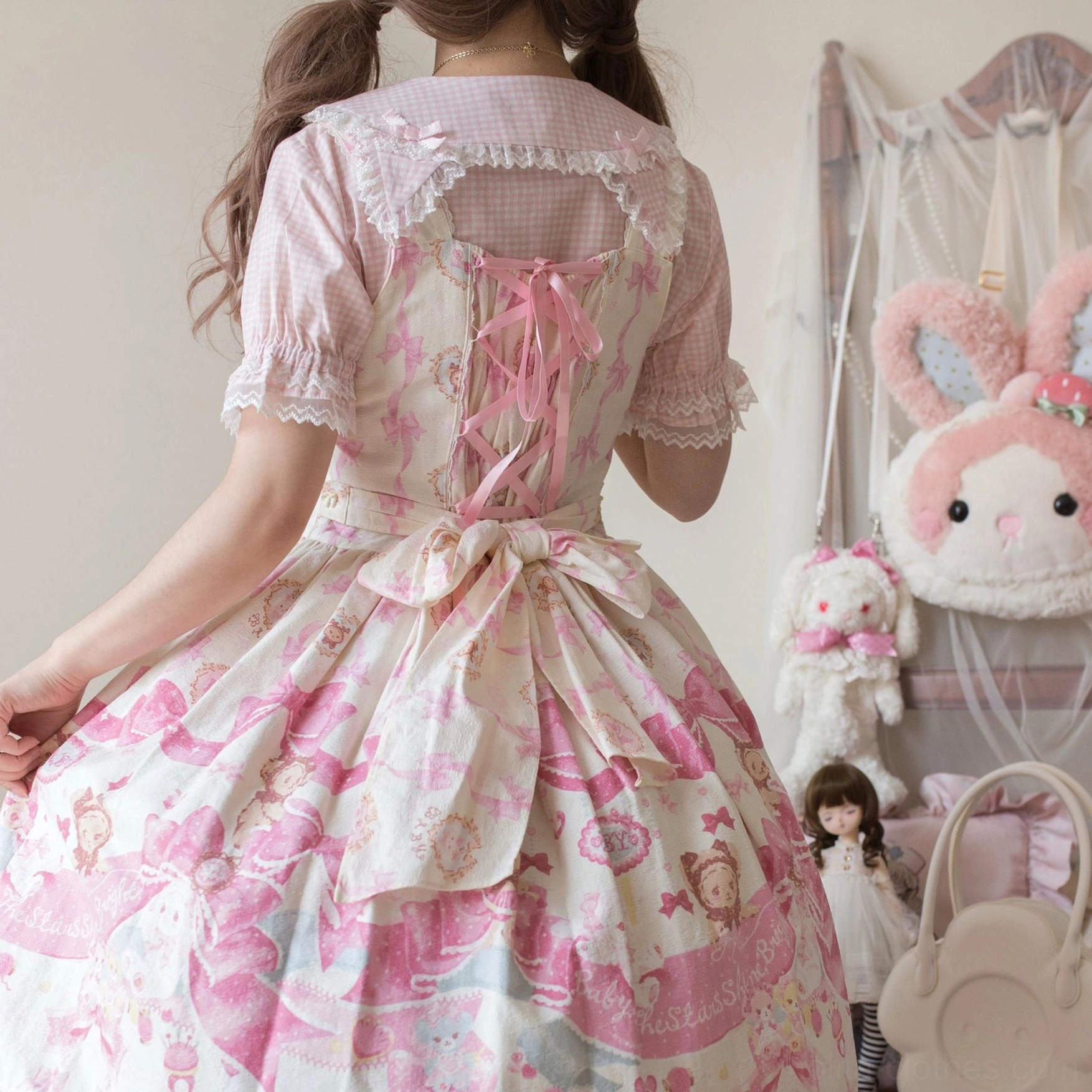 Heart embroidery accent on Lolita blouse chest area showcasing craftsmanship and romantic design element