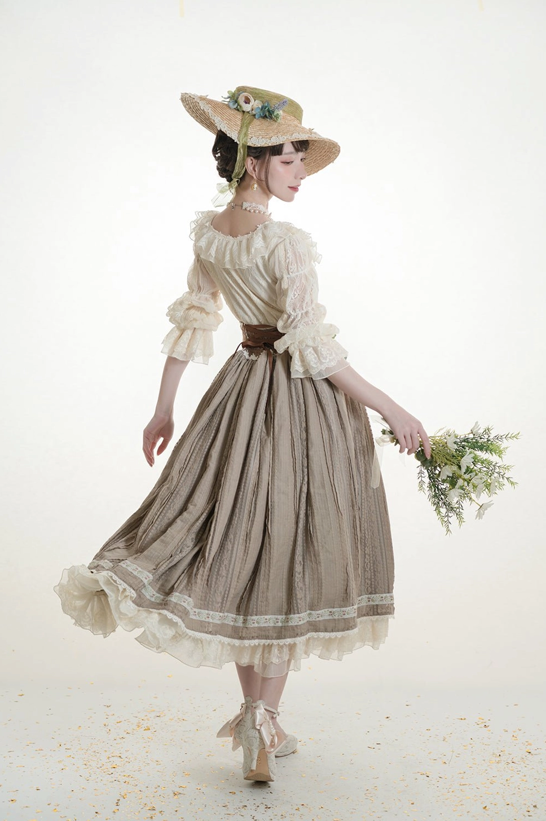 Lolita blouse lotus root sleeves with bow brooch Victorian inspired elegant design