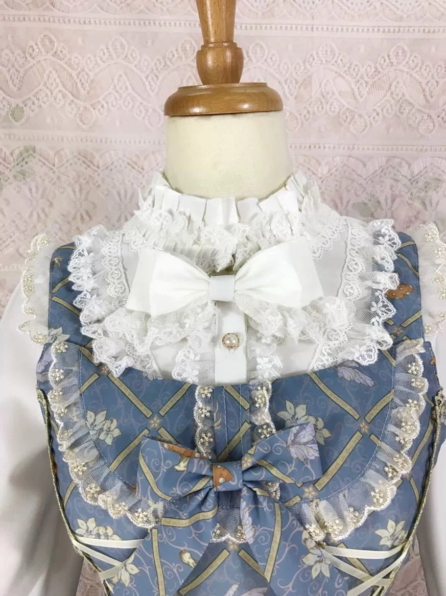 lolita blouse upper collar area close-up large frilled lace stand collar satin bow central decorative button embroidered detail