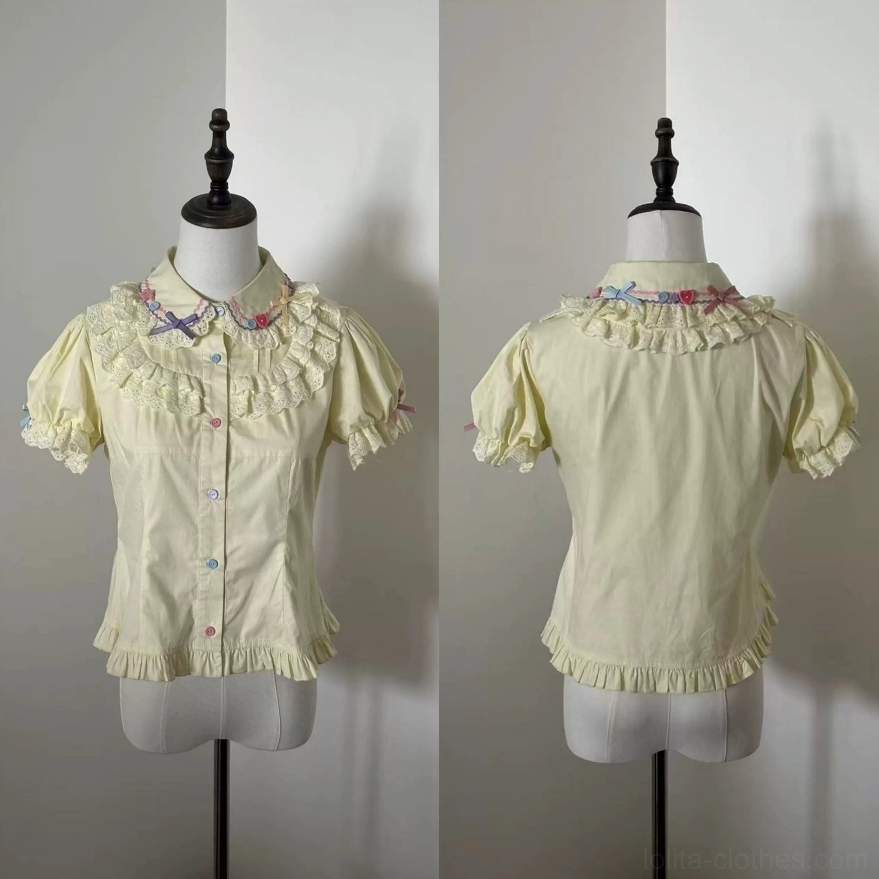 Pastel yellow lolita short-sleeve blouse front and back view showing tiny floral trim on ruffled collar fitted waist puffed sleeves colorful buttons and hem ruffle finish