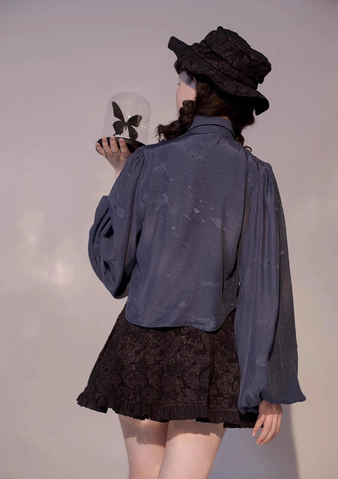 Vintage Lolita blouse styled with houndstooth plaid vest layered fashion full body outfit model showing alternative gothic coordinate aesthetic option