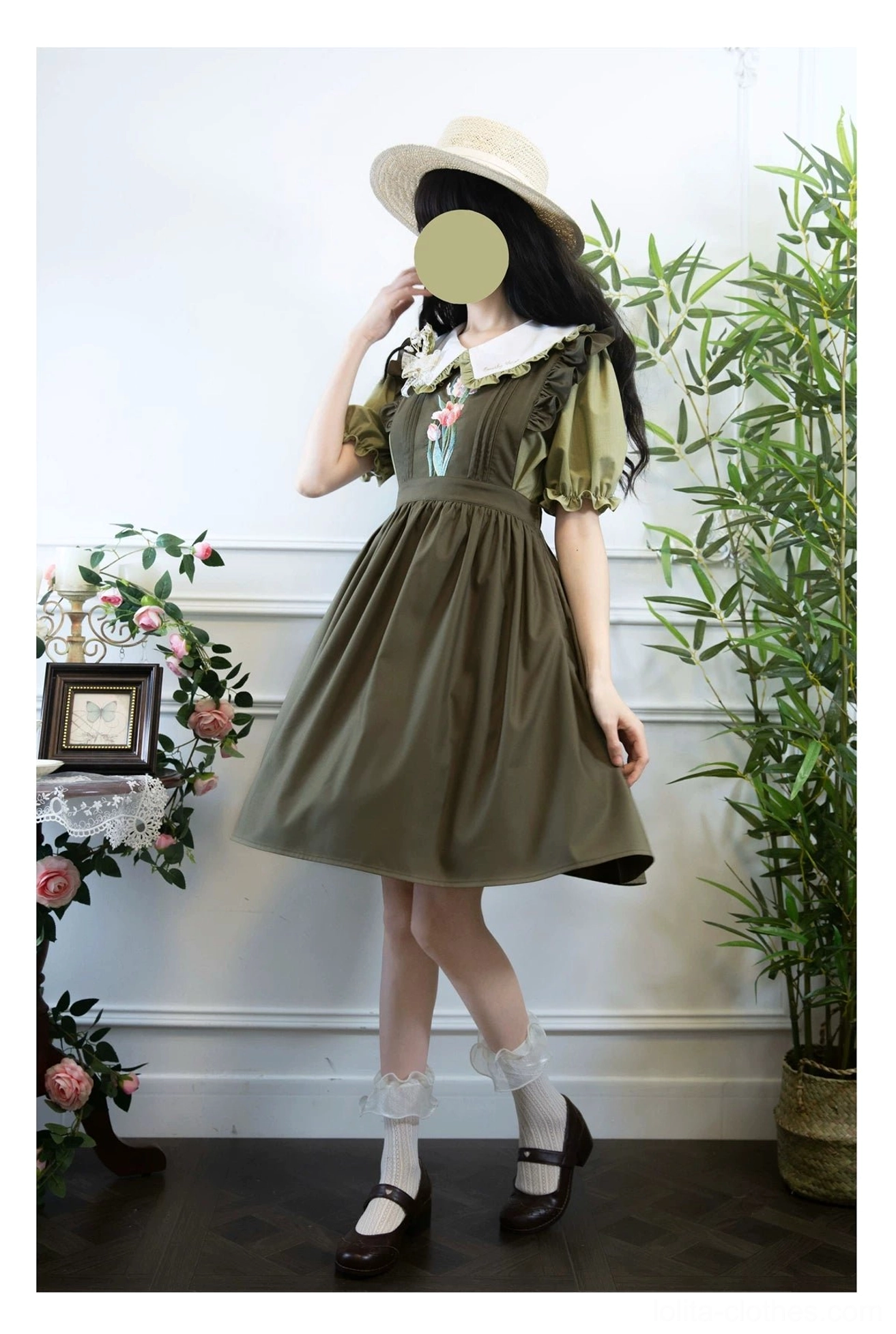Lolita blouse puff sleeves ruffled collar floral embellishment details