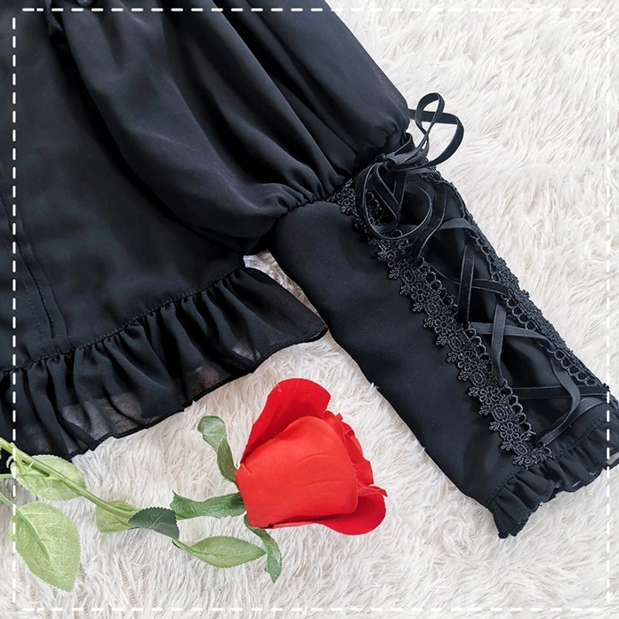 Lolita blouse puffed sleeves detail with sheer chiffon and lace-up ribbon sleeve accent