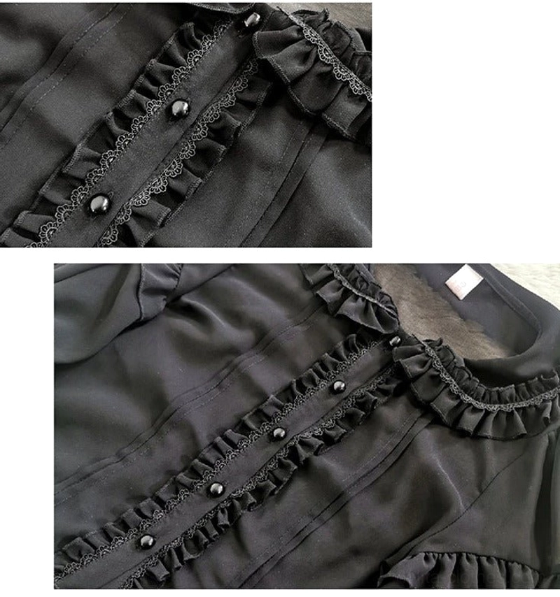 Close-up details of lolita blouse ruffled collar decorative buttons and lace-trimmed placket