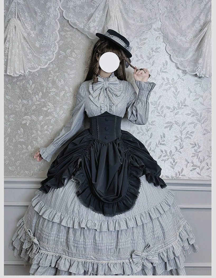 Ruffled collar and detachable bow detail of gray-blue striped Victorian lolita blouse close-up
