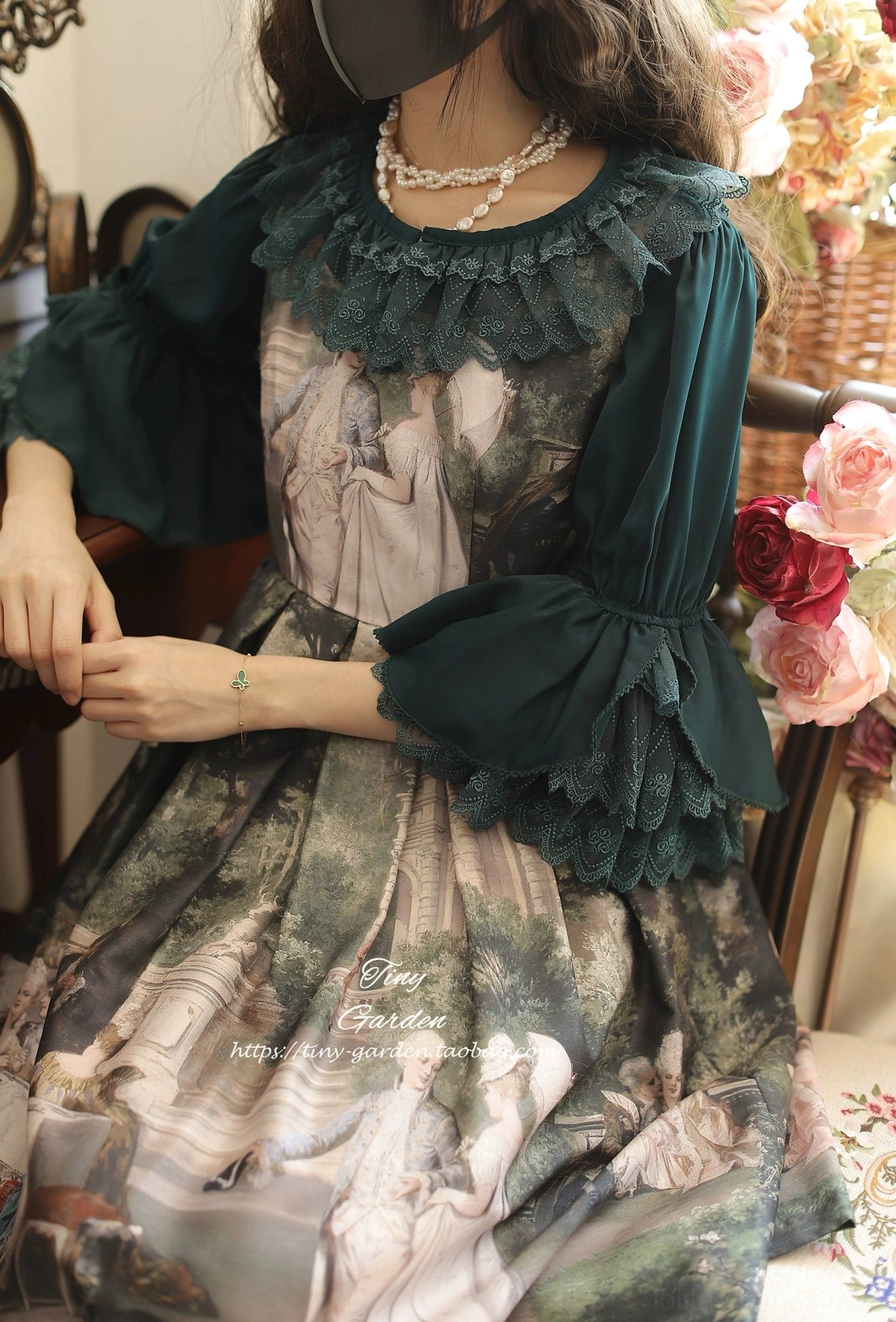 Ruffled collar lolita blouse neckline and collar detail emphasizing round ruffled design, delicate fabric drape, and Victorian lolita fashion inspiration