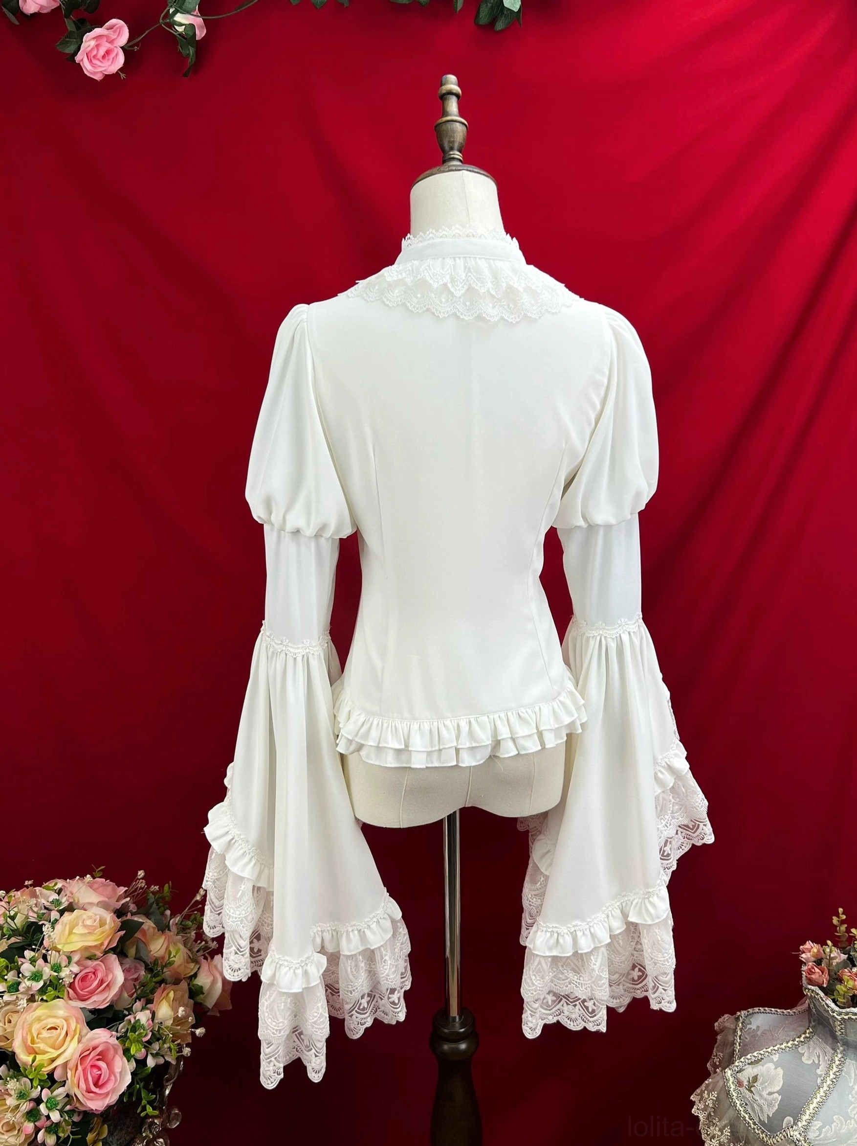 Scalloped lace collar detail of classic Lolita blouse showing intricate edging double-layer ruffles and precision craftsmanship