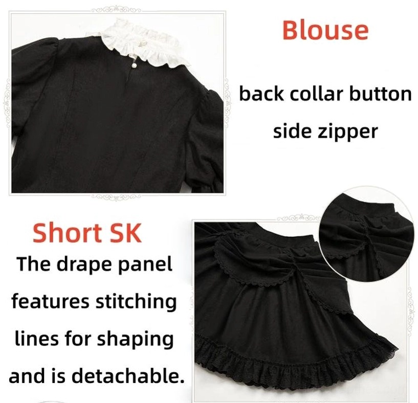 Close-up product detail shots of blouse and short SK showing back collar button closure, side zipper for easy wearing on blouse, detachable stitched drape panel for tailored shaping on short skirt, ruffled hem with white underlayer accent