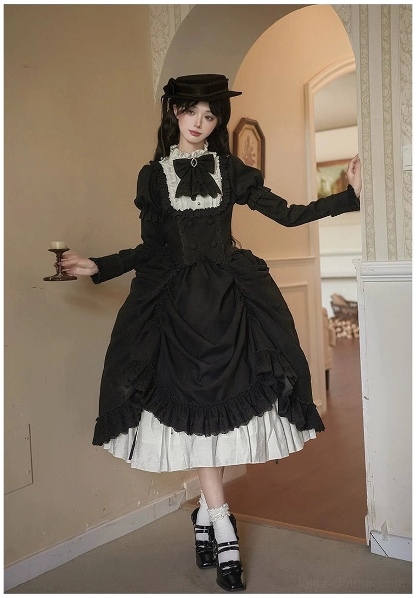 Back view of lolita blouse and skirt set showing back button closure on collar, back elastic waist construction, and ruffled hem design from rear perspective