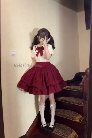 Vintage Lolita coordinate mirror selfie burgundy wine red bow white ruffled blouse tiered skirt staircase indoor styling