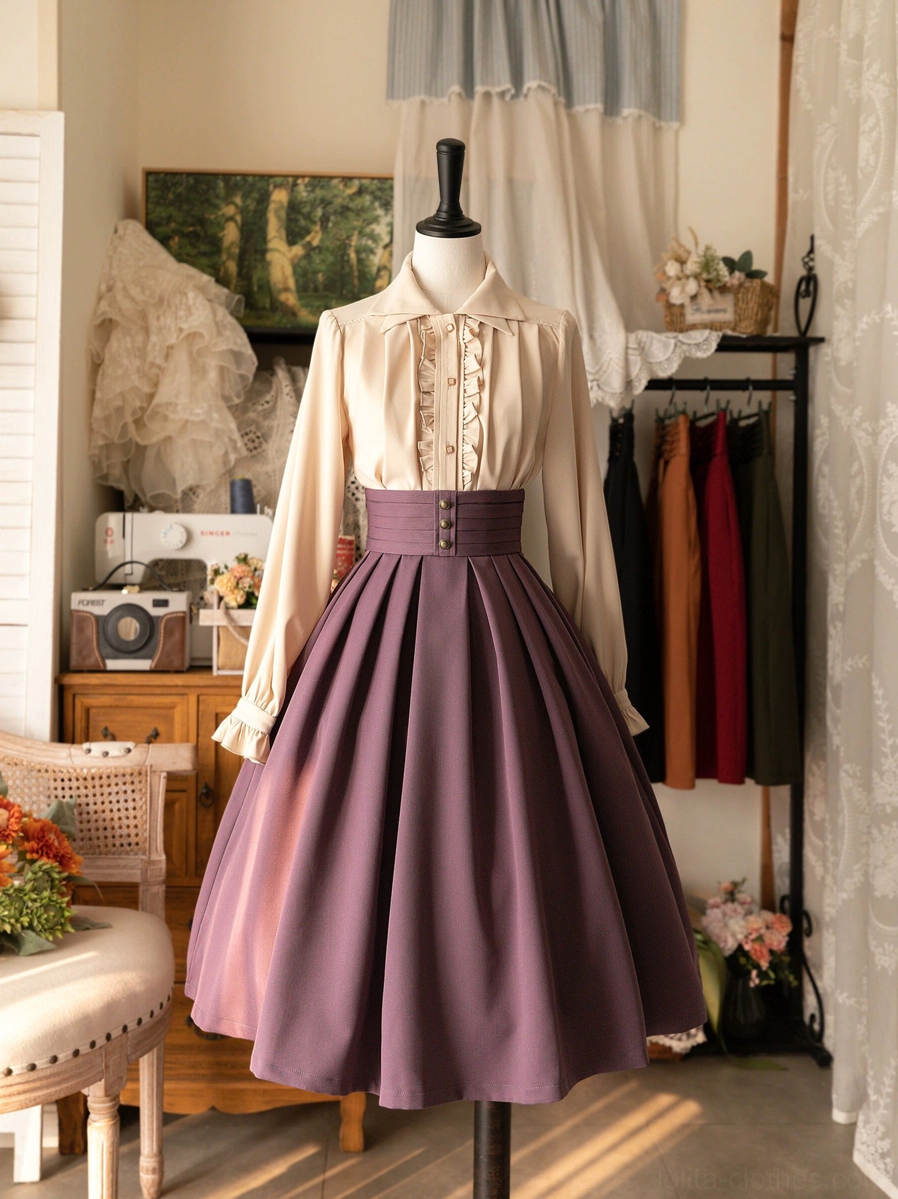 Retro lolita blouse and high-waisted purple midi skirt matching set with lace trim vintage shop display