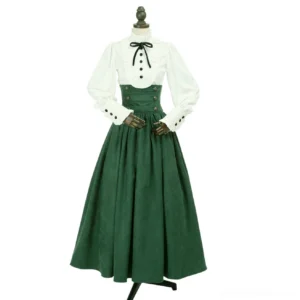 Classic retro elegant Lolita blouse and skirt set with white ruffled blouse and dark green corduroy skirt, featuring stand collar, black bowknot, puff sleeves, and high-waisted A-line silhouette on dress form