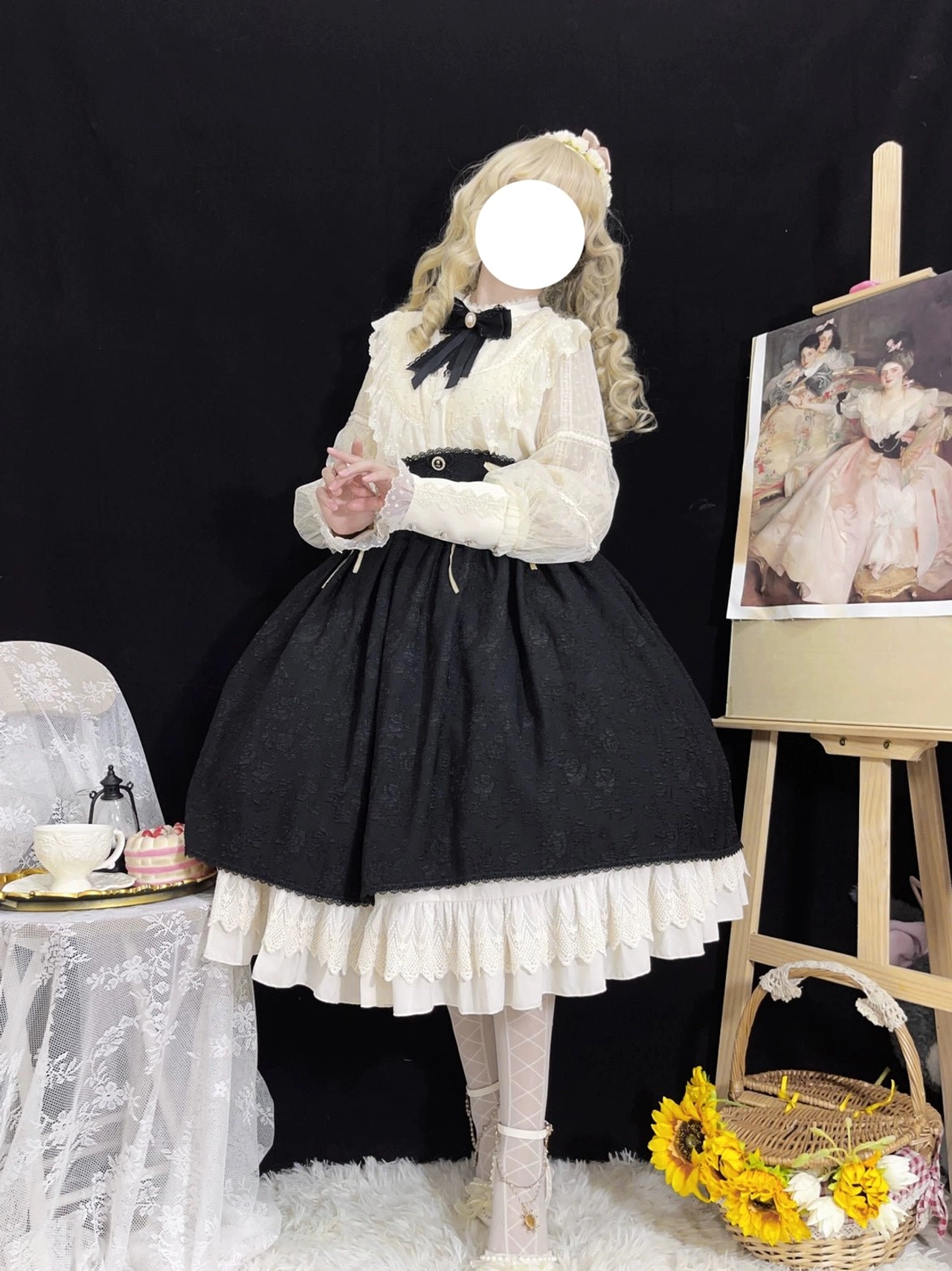 Elegant retro Lolita blouse and high waist skirt set side three-quarter view full A-line silhouette black waist sash white lace bottom trim Victorian style