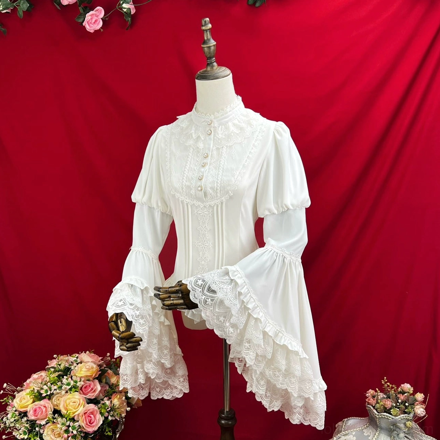 Classic Lolita blouse sleeve detail showing layered Juliet princess construction lace trim and romantic volume perfect for Victorian coordinates