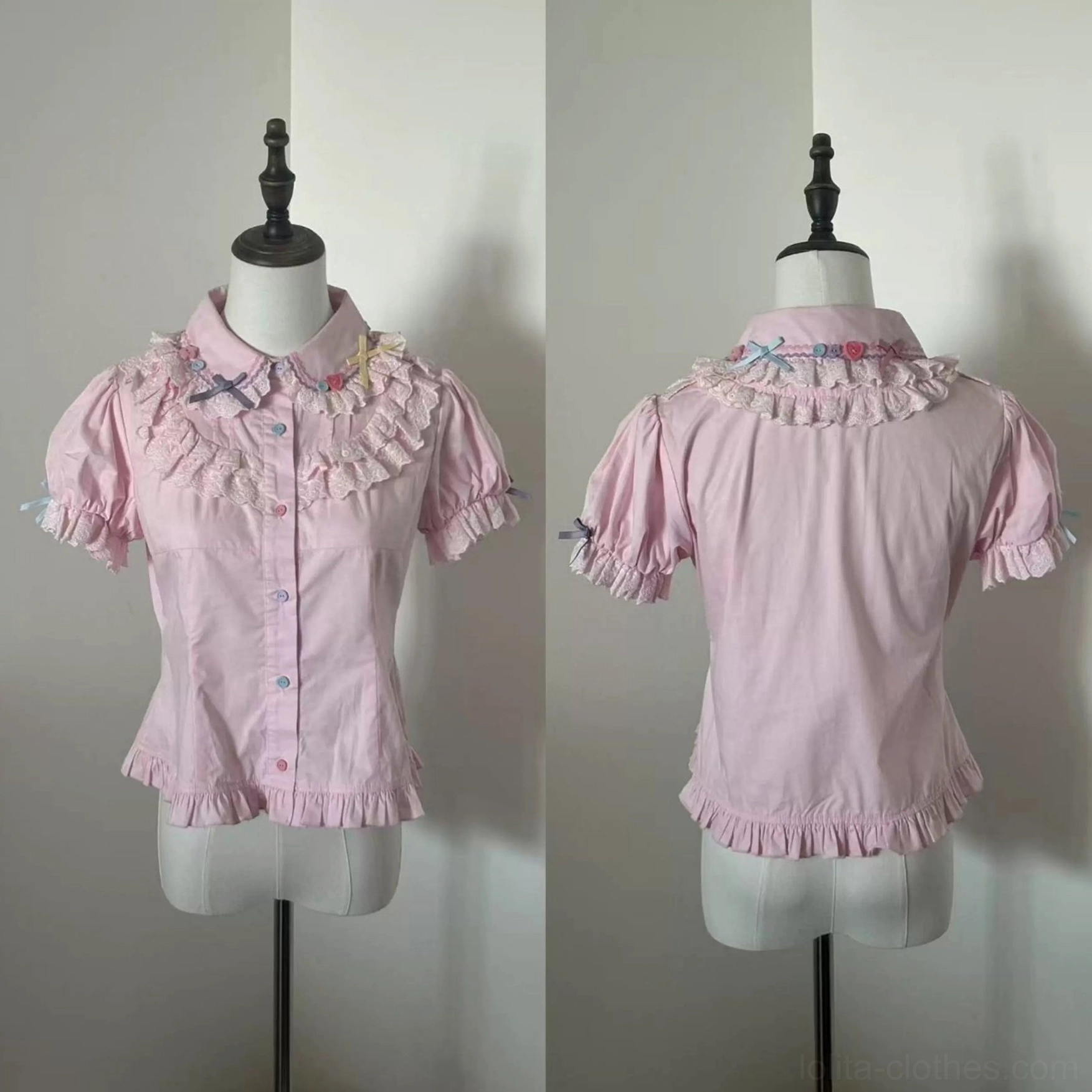 Soft pink lolita short-sleeve blouse front and back view with floral decorated ruffled collar puffed sleeves front button closure fitted slim silhouette and hem ruffle detail