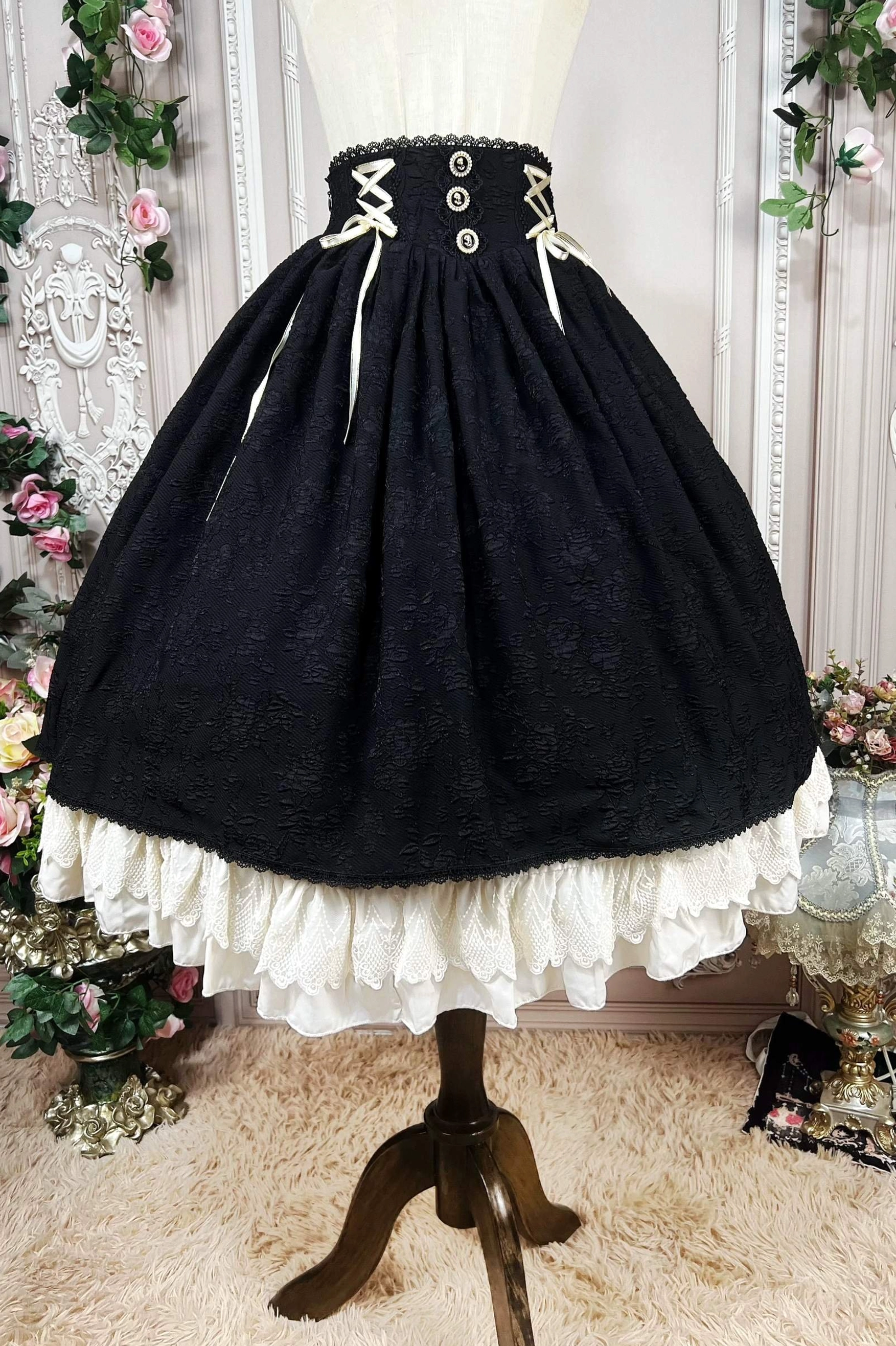 Lolita blouse stand collar style close-up detail sheer ruffled sleeves black bow necktie blouse cuff detail Victorian inspiration
