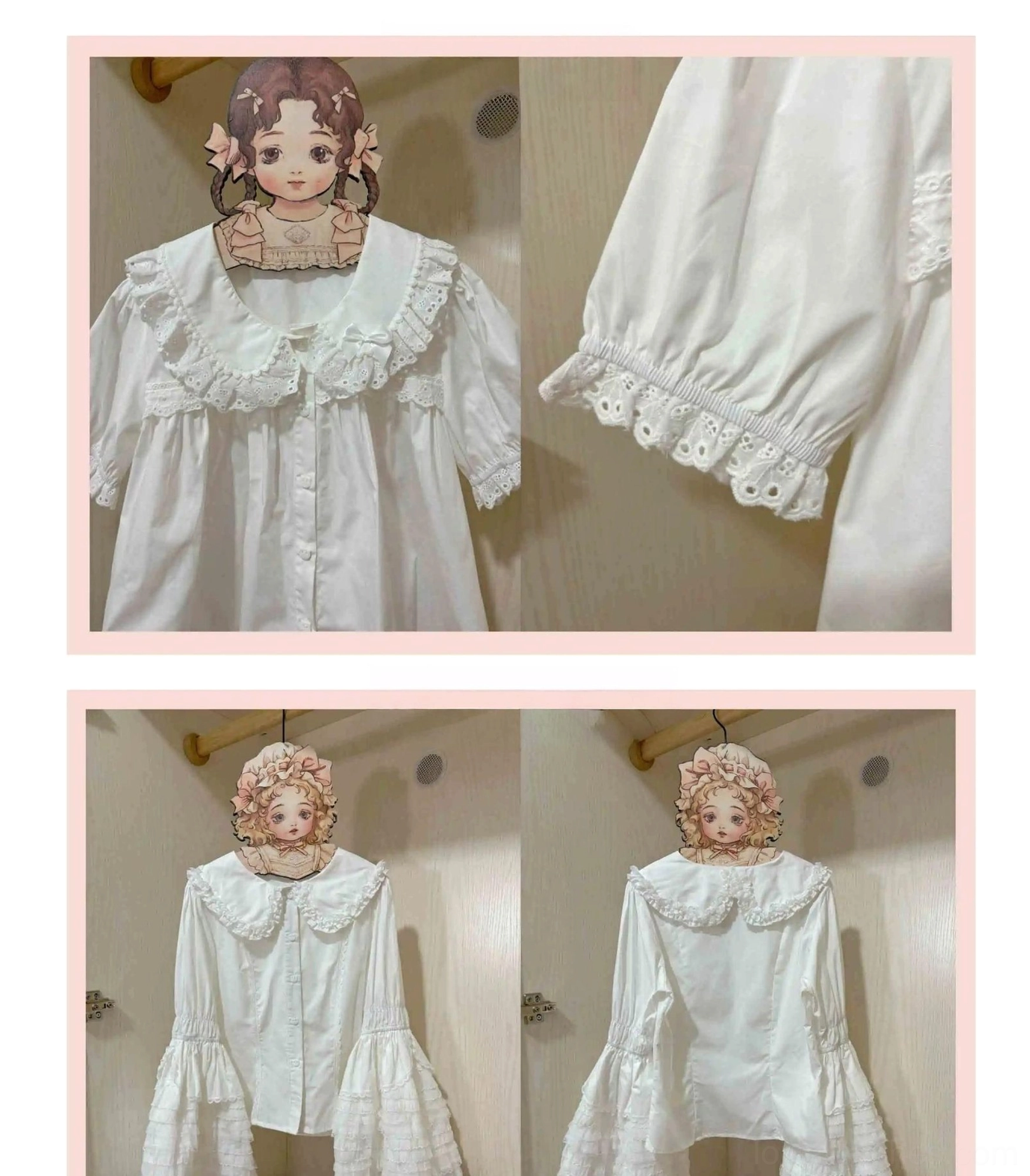 Combined lolita blouse product shots showing both styles: top section white short-sleeve blouse front and puff cuff detail; bottom section front and back view of long princess-sleeve blouse with ruffles on wooden hanger