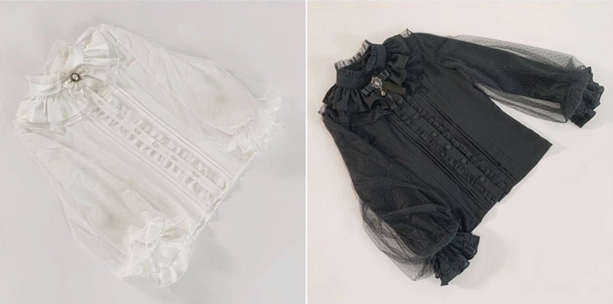 Two lolita inner blouse styles side by side short sleeve white and long sleeve black mesh chiffon blouse comparison