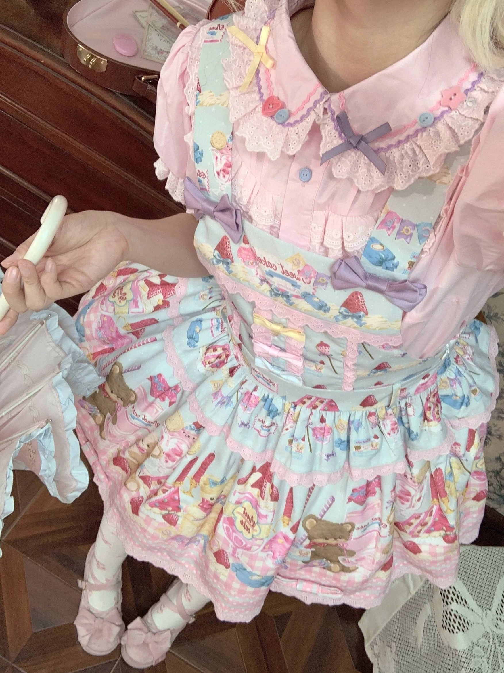 Sweet lolita fashion styling inspirations featuring blouse with coordinated JSK dress petticoat accessories headdress Mary Jane shoes complete coordinate look ideas