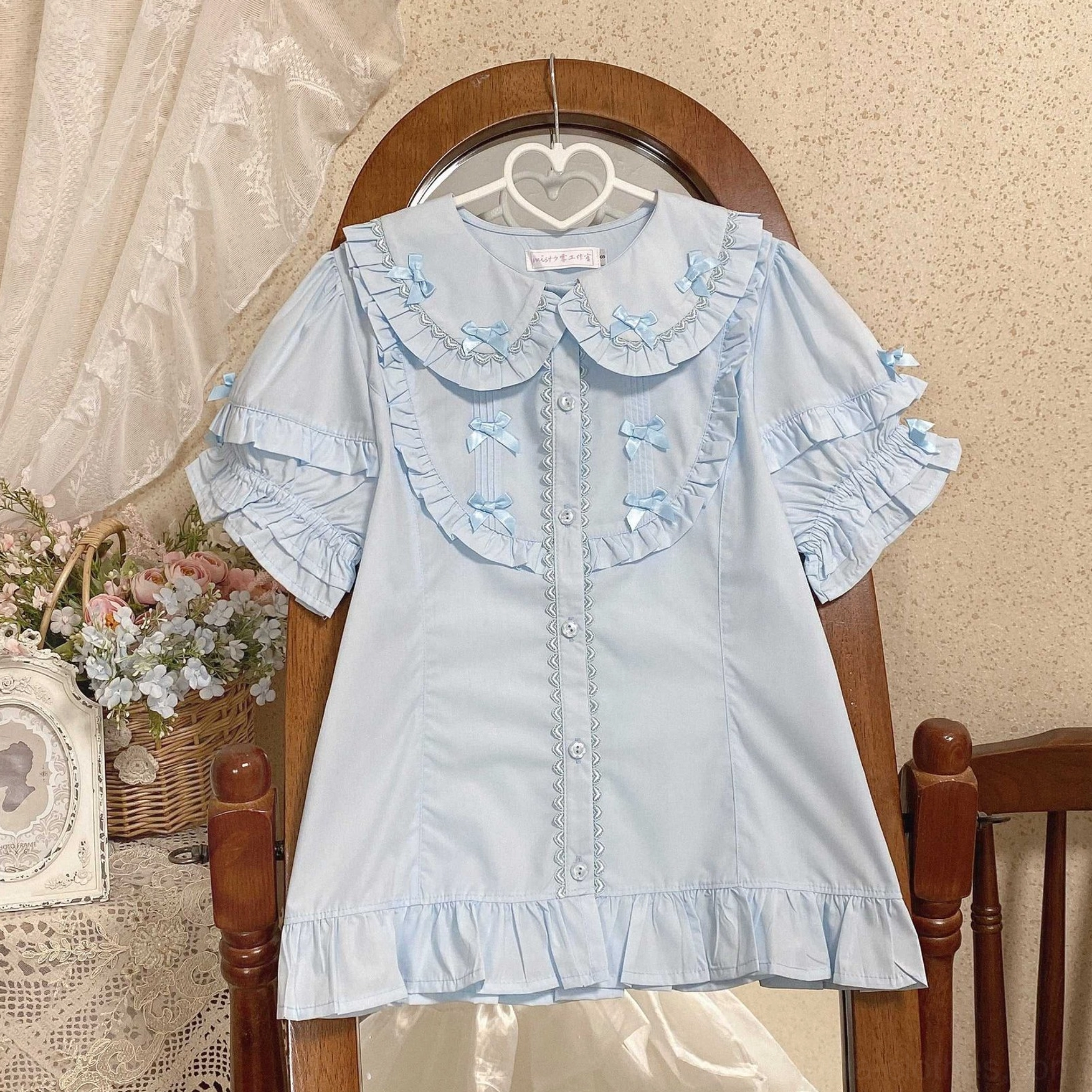 Lolita blouse summer wearability showing breathable polyester cotton fabric ideal for warm weather conventions