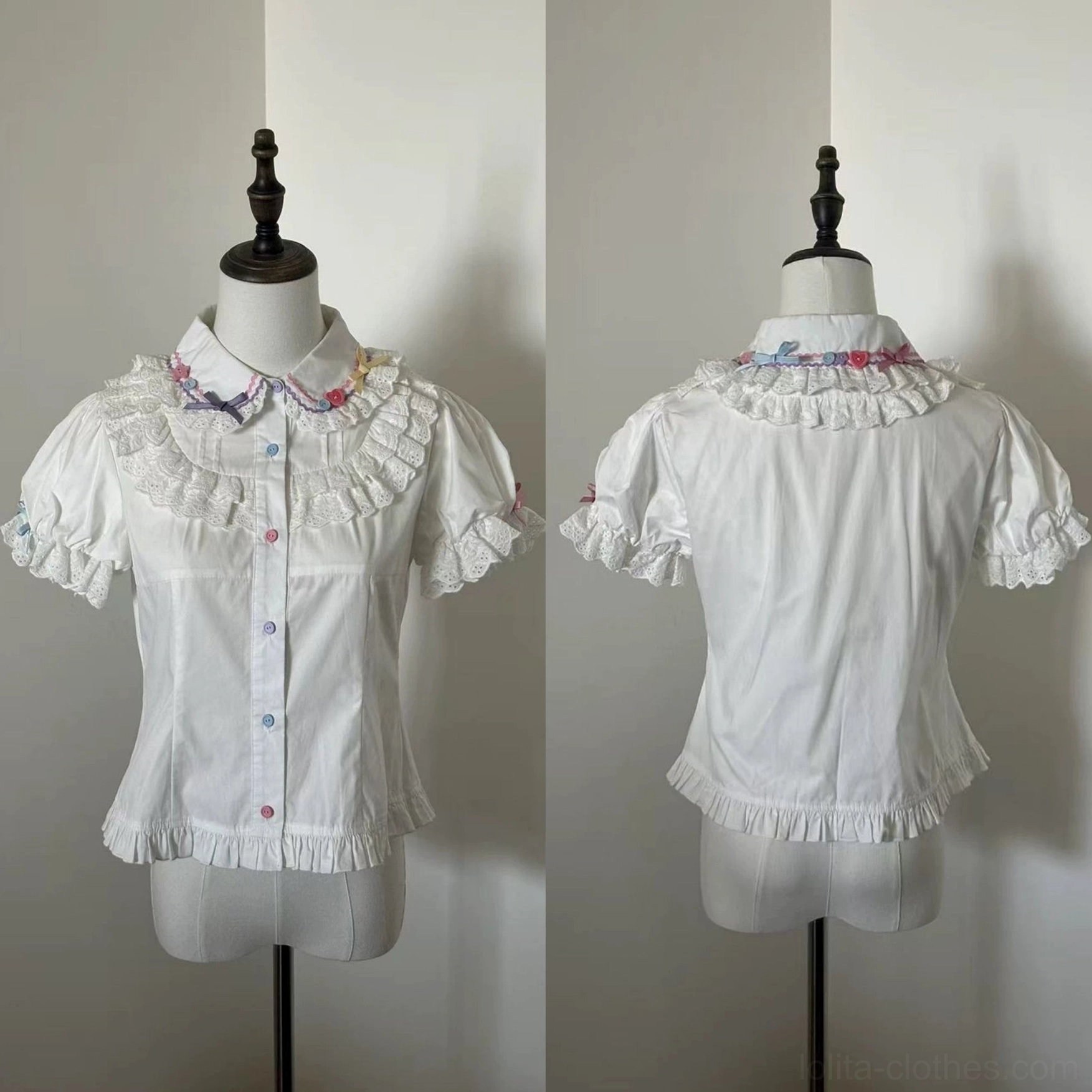 Classic white lolita short-sleeve blouse front and back view with lace ruffled Peter Pan collar puffed sleeves colorful buttons neat hem ruffle and tailored slim fit