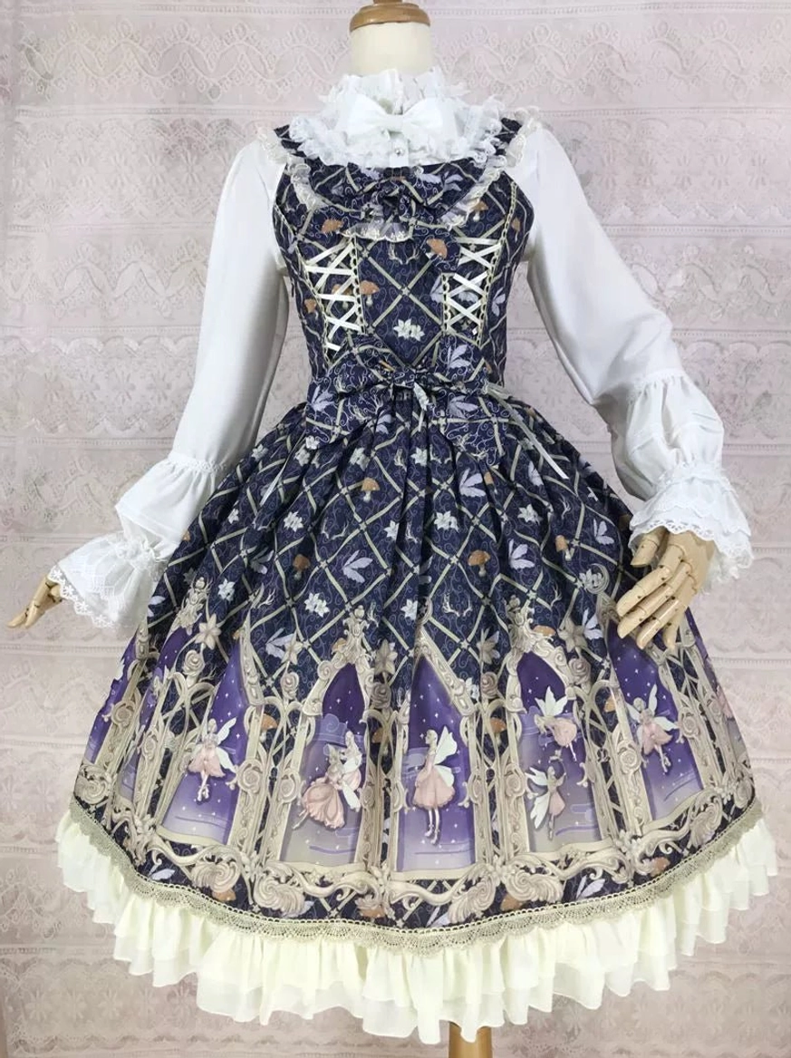 lolita blouse paired with printed jumper skirt full side-front mannequin display fairy-themed JSK coordinate set