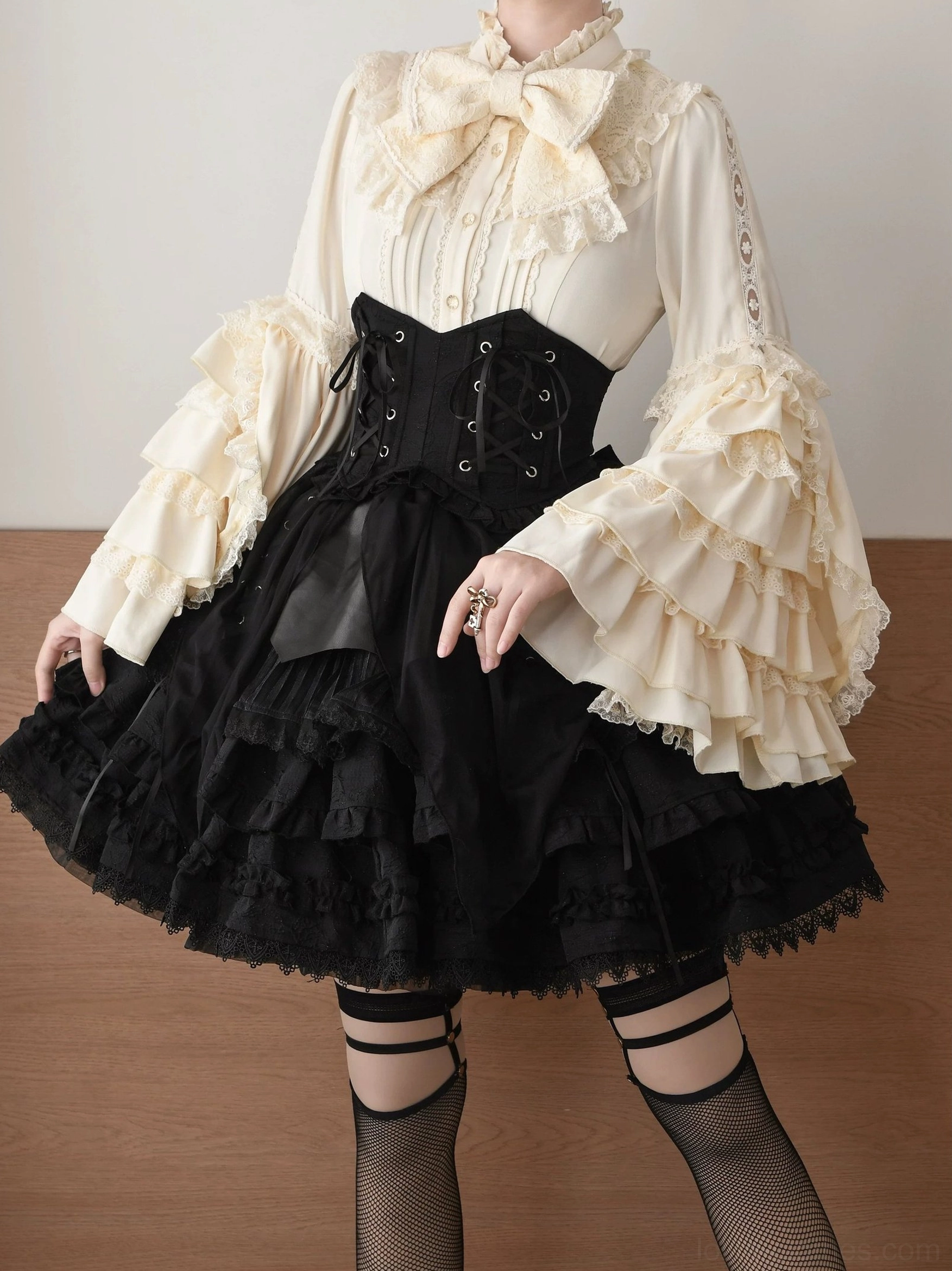 Lolita blouse worn styling reference, cream white hime sleeve blouse paired with JSK dress, complete Lolita coordinate example, full body presentation