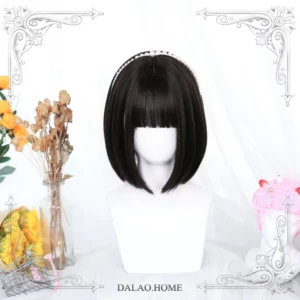 brown black synthetic bob wig for lolita style front angle display on mannequin with straight bangs