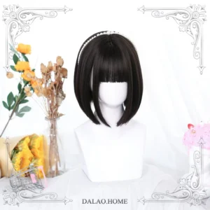 natural black short bob lolita wig front view with blunt bangs and pearl headband on mannequin