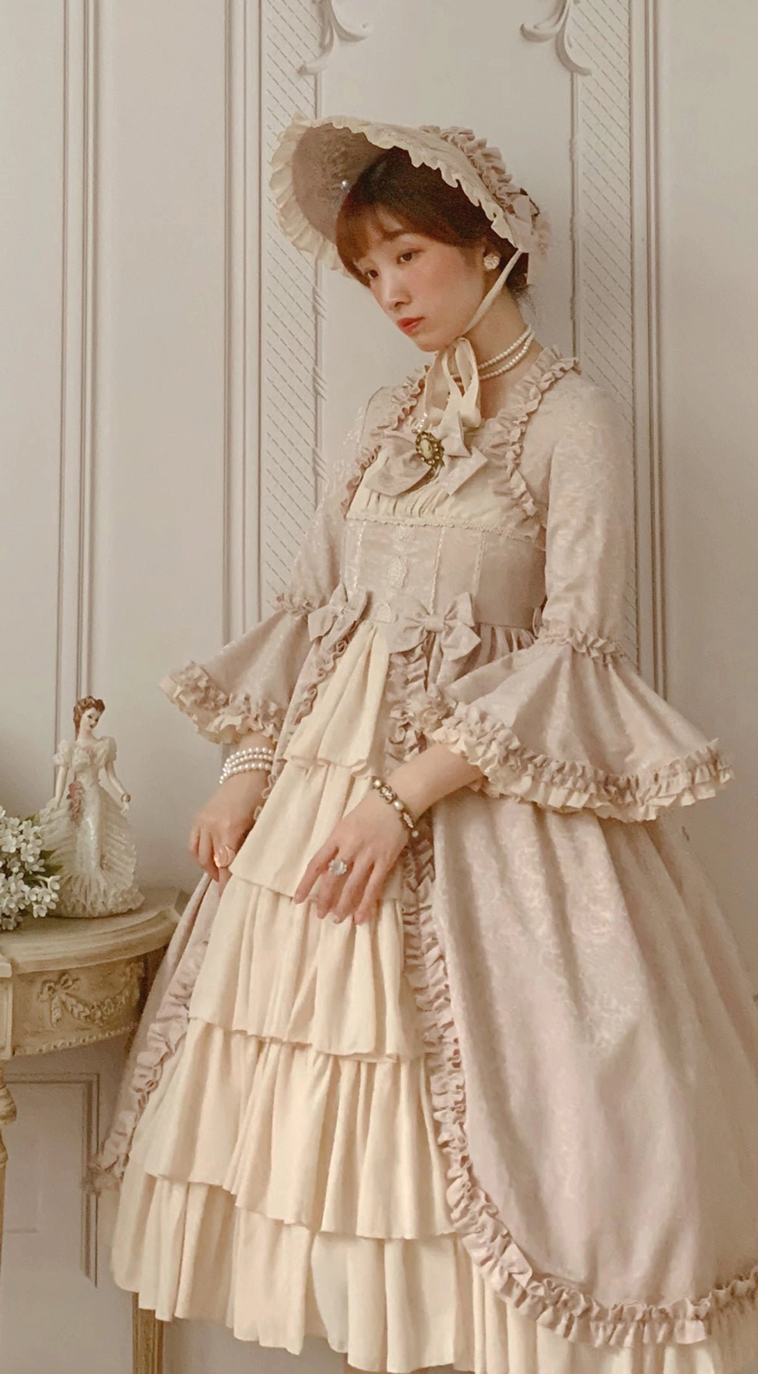 Detailed shot Lolita bonnet lace trim ruffle edge craftsmanship and construction quality headdress