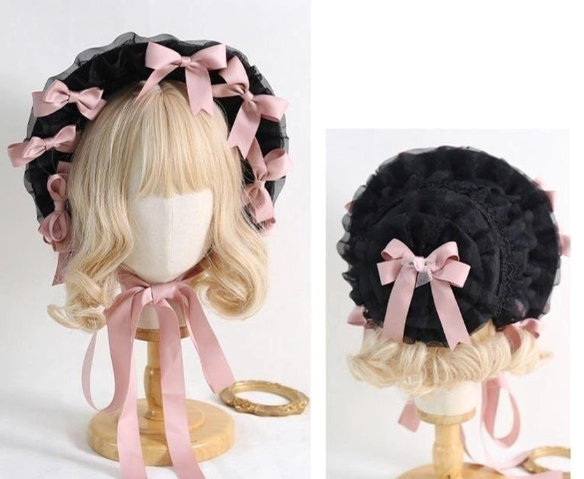 Lolita classic bonnet hat construction detail showing woven straw inner base and satin lining close-up
