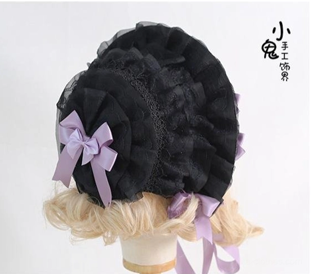 Lolita bonnet hat styling guide showing multiple color variations coordinated outfits aesthetic inspiration