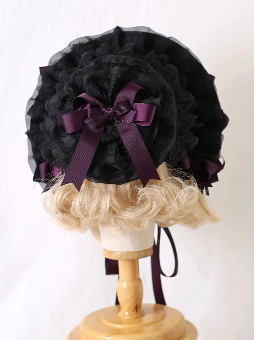 Dark purple lolita headdress bonnet back view central bow black ruffled lace base rear detail