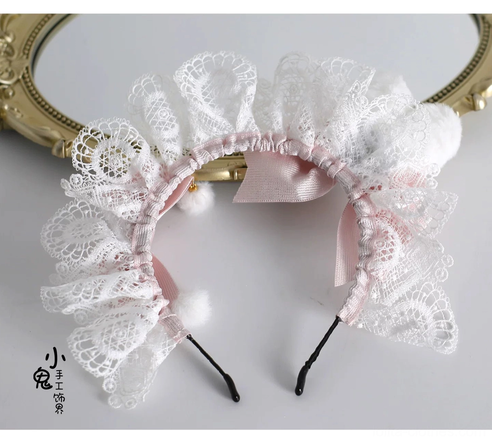 Lolita bonnet and headdress styling inspiration with white lace ruffles, pink satin bows, and elegant silhouette for Sweet Lolita coordinate fashion