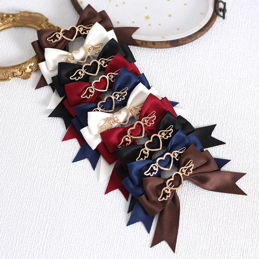Bulk mixed color lolita satin bow hair clips including navy blue wine red black white and brown with heart-wing charms