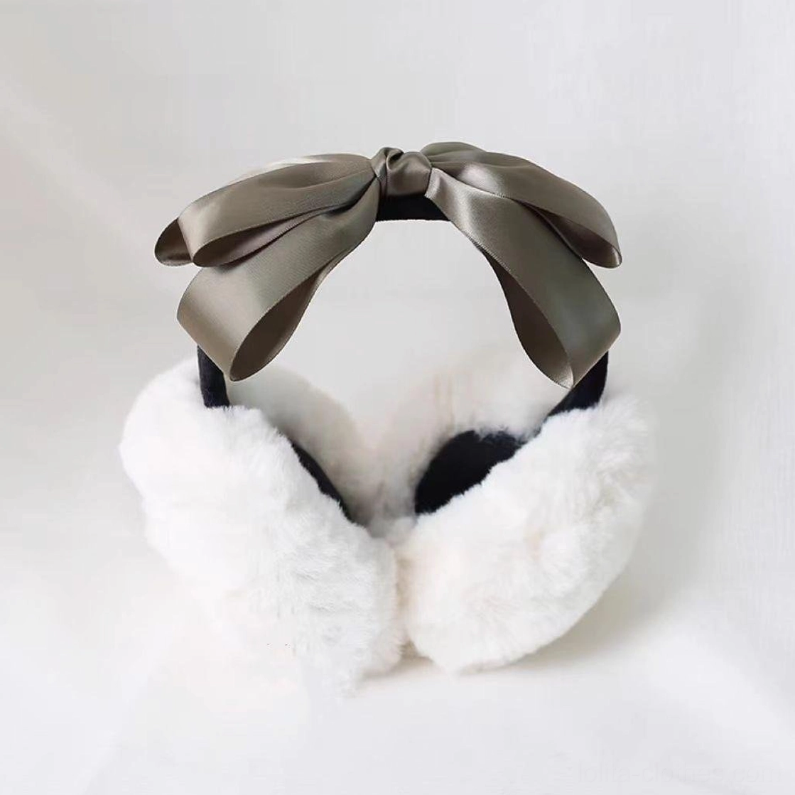Lolita army green bow earmuff headdress, bold adventurous color satin bow with white fuzzy earmuff cups, gothic lolita blend style