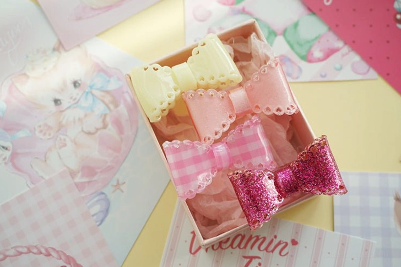 partial sweet lolita bow hair clip set pastel pink yellow gingham dark pink lace trim vintage stationery
