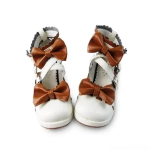 Handcrafted lolita bow mary jane mid-heel shoes front view flat lay white and brown leather with decorative bows