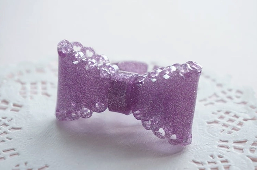 blue glitter bow ring kawaii accessory translucent resin open adjustable design