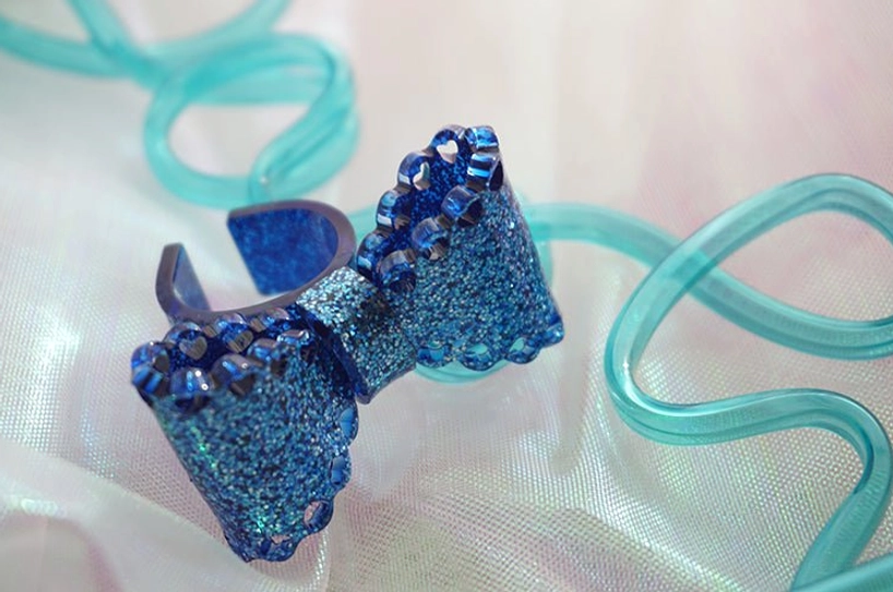 mint blue lolita bow ring pastel color option translucent glitter adjustable ring