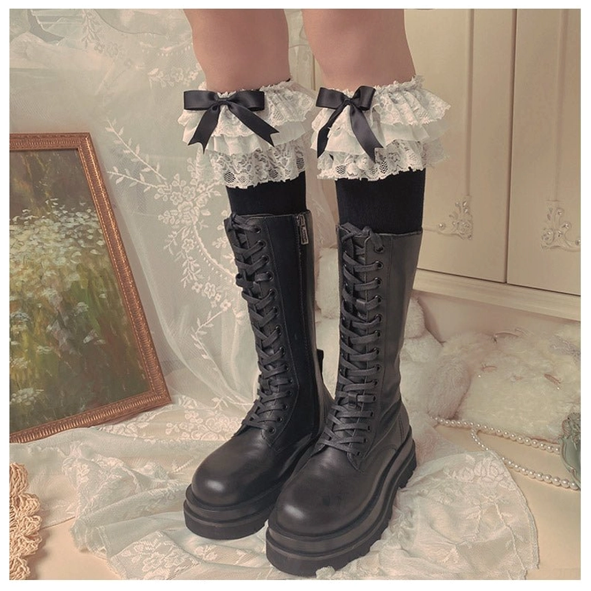 Lolita bow socks color comparison display black with white lace and white with black bow variations multiple style options coordinate matching