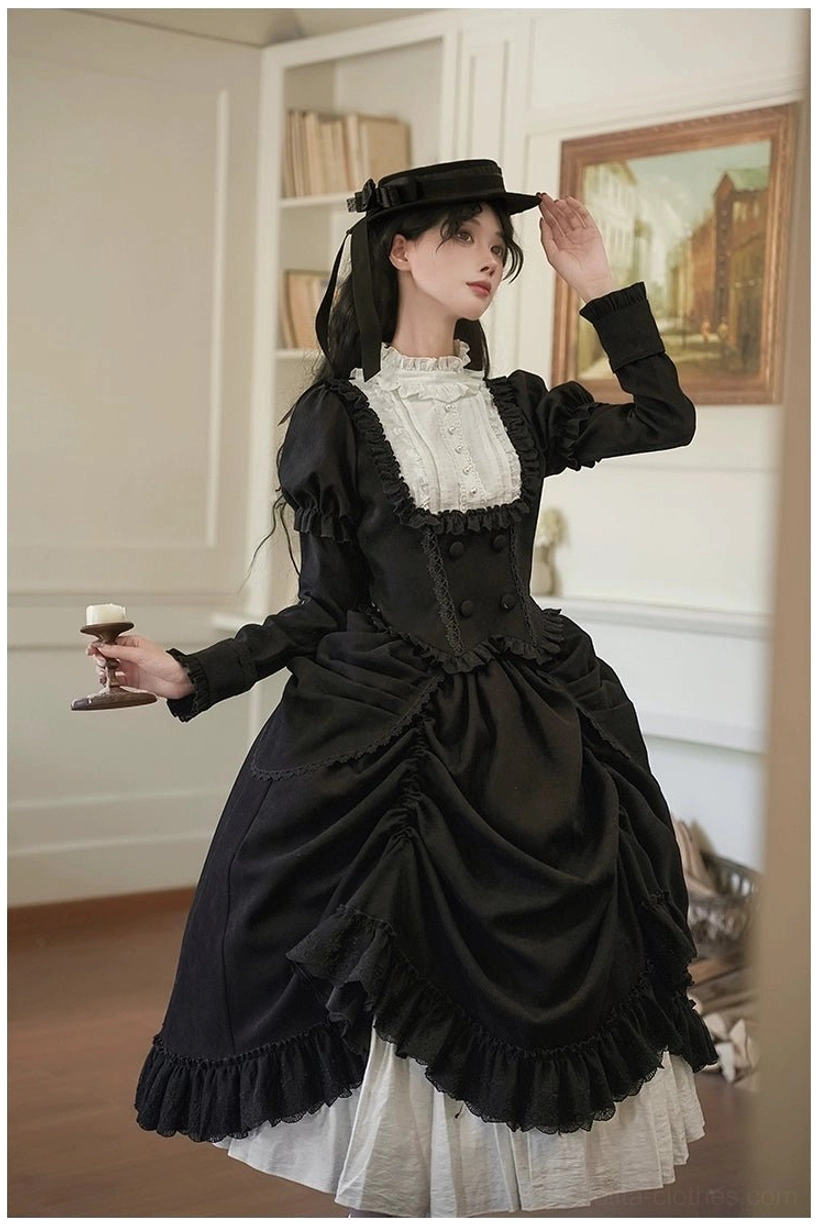 Detail shot of lolita ensemble accessories including decorative bow tie with jabot, boater hat with decorative side clips, showing coordinated styling elements