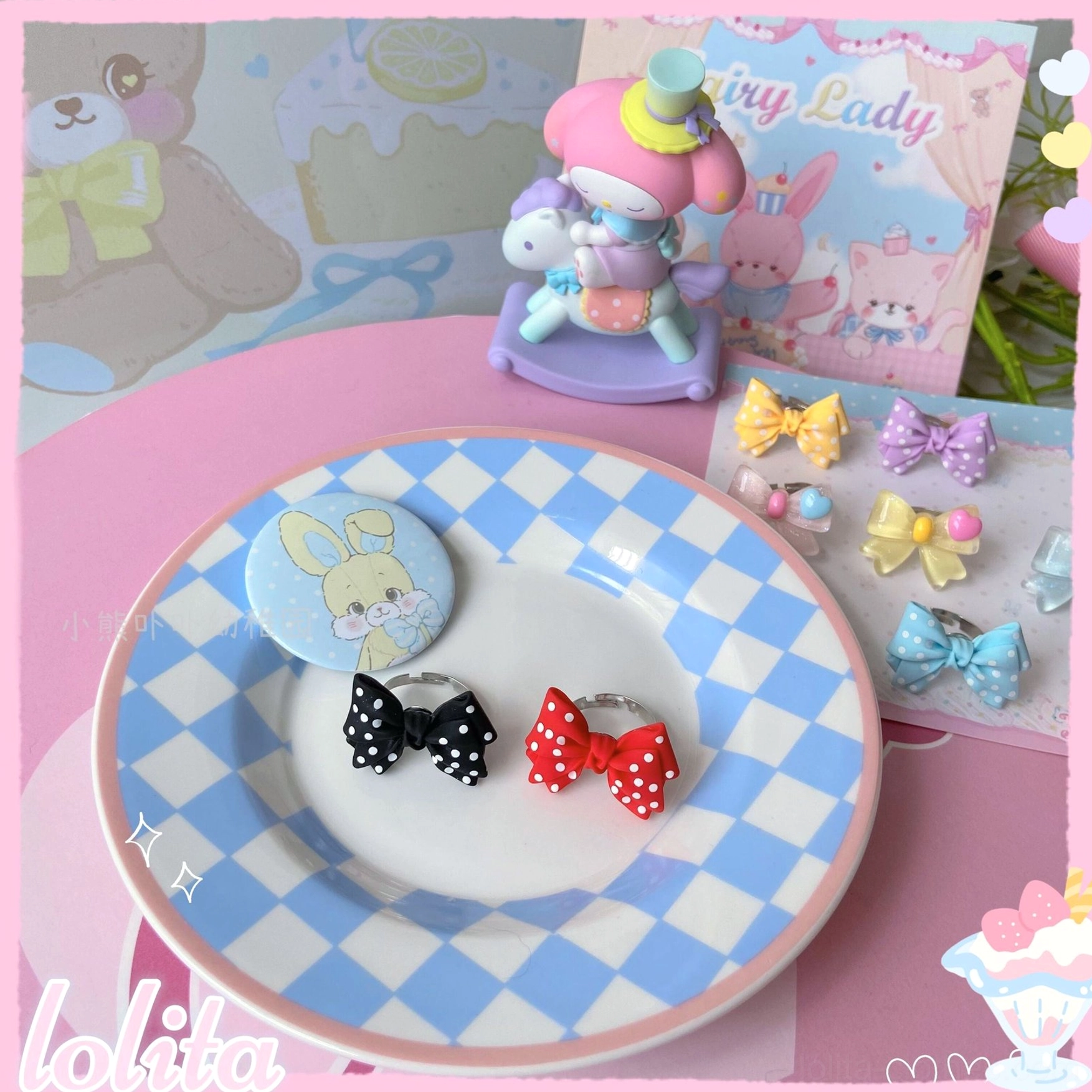 Sweet lolita bowknot ring color variants and styling options flat lay arrangement showcasing design versatility and kawaii fashion coordination possibilities