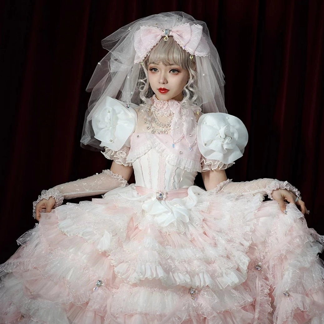 Lolita bridal headdress veil rhinestone bow gloves packaging unboxing set contents presentation