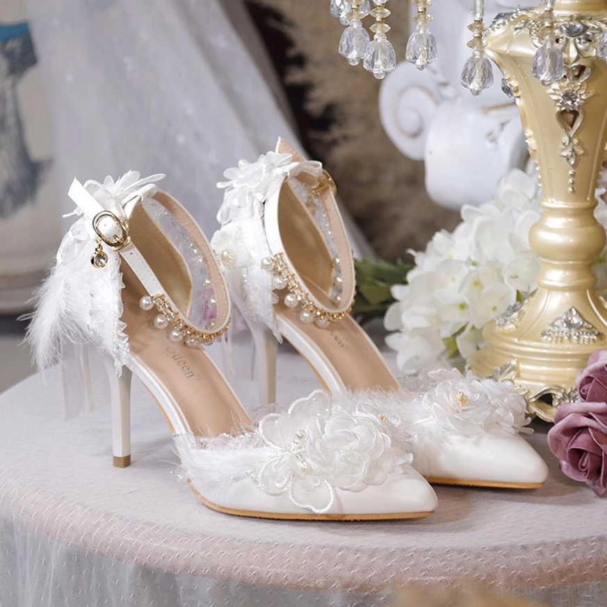 Lolita bridal heels handcrafted satin bow pearl rhinestone ankle strap elegant pointed toe wedding footwear customizable